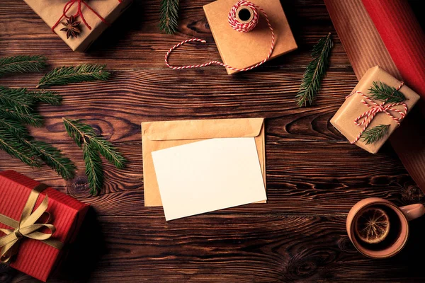 Dopis Santa Claus Konceptu Pohled Shora Skladby Vánoční Dárky Dekorace — Stock fotografie