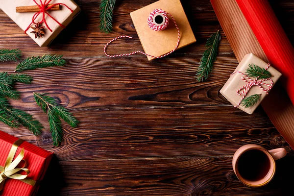 Weihnachtsstimmung Layout Komposition Mit Traditionellen Festlichen Attributen Grünen Dekorativen Frischen — Stockfoto