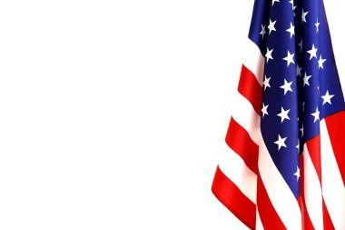 Vatansever kompozisyon w / beyaz zemin üzerine fırfır yakalı Amerikan bayrağı. Amerika Birleşik Devletleri sembolü için metin kopya spase ile yıldızlar ve çizgiler. 4 Temmuz bağımsızlık günü kavramı. Arka plan, yakın çekim