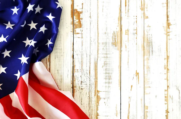 Composición Patriótica Bandera Americana Con Volantes Fondo Tablones Madera Estados — Foto de Stock