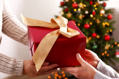 Yaşlı kadın kutlama Noel evde, süslü tatil çam ağacı üzerinde arka plan ile. Huzurevi yaşlı kadına. Yakın çekim, atış kırpılmış alanı Kopyala.