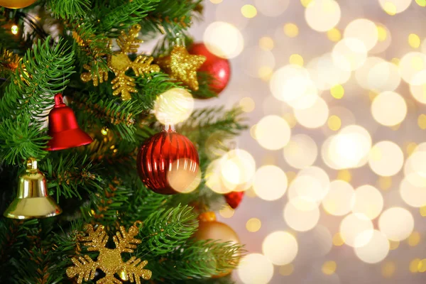 Decorated Christmas Tree Soft Yellow Lights Bokeh Effect Background Festive — Stock Photo, Image