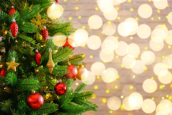 Decorated Christmas Tree Soft Yellow Lights Bokeh Effect Background Festive — Stock Photo, Image