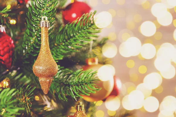 Decorated Christmas Tree Soft Yellow Lights Bokeh Effect Background Festive — Stock Photo, Image