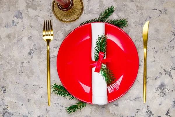 Mesa Navideña Diseño Conceptual Con Tenedor Cuchillo Atributos Festivos Banquete — Foto de Stock