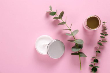 Bakım cilt bakımı yüz kremi karmaşık şifa için Nemlendirici Cilt tipi görünür doku ile açık bir kavanoza sorunlu. Kopya alanı, yakın çekim, arka plan, düz yatıyordu, en iyi görünüm. Okaliptüs yaprağı dekorasyon.