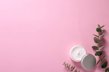 Bakım cilt bakımı yüz kremi karmaşık şifa için Nemlendirici Cilt tipi görünür doku ile açık bir kavanoza sorunlu. Kopya alanı, yakın çekim, arka plan, düz yatıyordu, en iyi görünüm. Okaliptüs yaprağı dekorasyon.