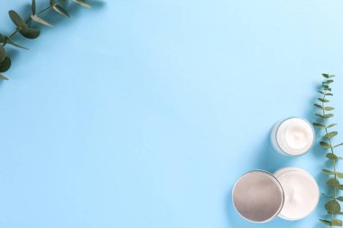 Bakım cilt bakımı yüz kremi karmaşık şifa için Nemlendirici Cilt tipi görünür doku ile açık bir kavanoza sorunlu. Kopya alanı, yakın çekim, arka plan, düz yatıyordu, en iyi görünüm. Okaliptüs yaprağı dekorasyon.