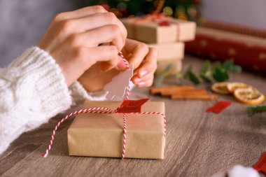 Kadın prepearing kış için kadeh yakın aile üyeleri için Noel kaydırma tatil sezonu, onun çalışma alanı sunar. Noel hazırlık kavram. Kırpma, kopya alanı.