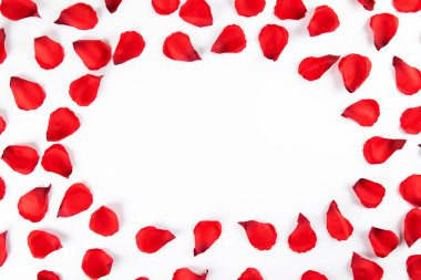 Romantik mutlu sevgililer günü düğün davetiyesi, kadın gün kavramı kartpostal. Beyaz arka plan koyu kırmızı, kırmızı, koyu kırmızı gül yaprakları ile kaplı. Üstten görünüm, yakın, uzay, alay kopyalayın.