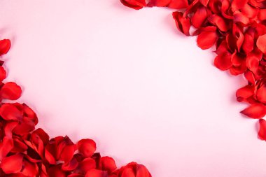 Romantik mutlu sevgililer günü düğün davetiyesi, kadın gün kavramı kartpostal. Beyaz arka plan koyu kırmızı, kırmızı, koyu kırmızı gül yaprakları ile kaplı. Üstten görünüm, yakın, uzay, alay kopyalayın.
