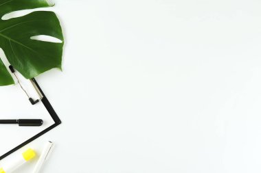 Kadın Blog yazar çalışma konsepti. Femenine masaüstü kompozisyon üzerinde büyük yeşil Monstera palmiye yaprağı. Arka plan, yakın çekim, kopya alanı, düz yatıyordu, üst görünüm.