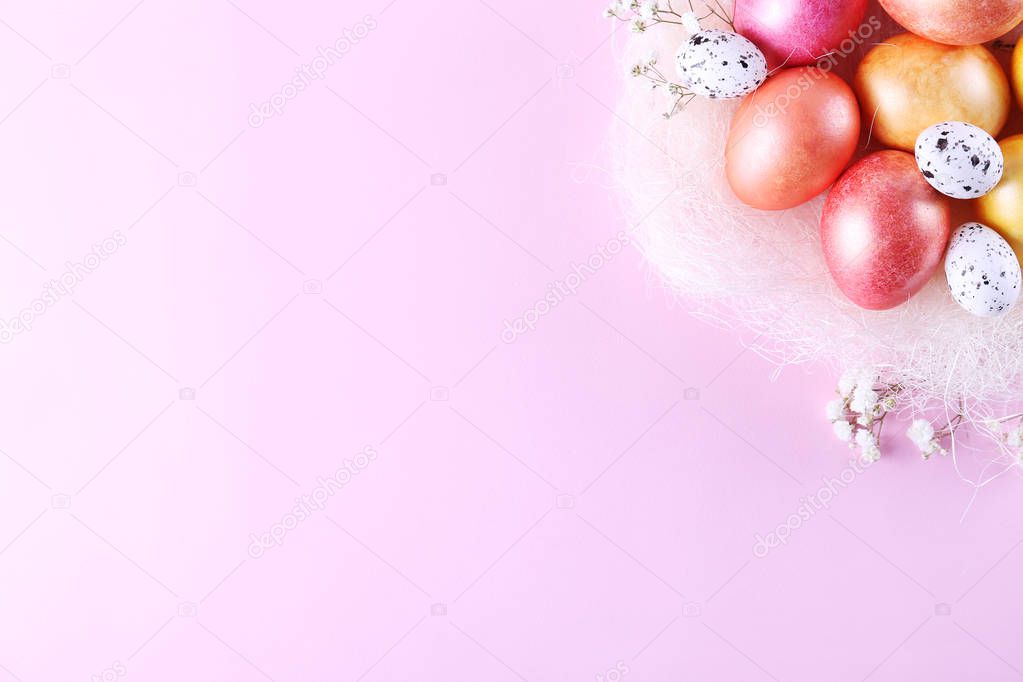 Easter holiday background, top view composition with traditional decor.