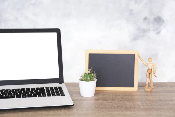 Minimalistic composition of workplace with laptop and stationery. — Stock Photo, Image