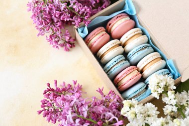 Renkli macaroon kurabiye ile güzel kompozisyon.