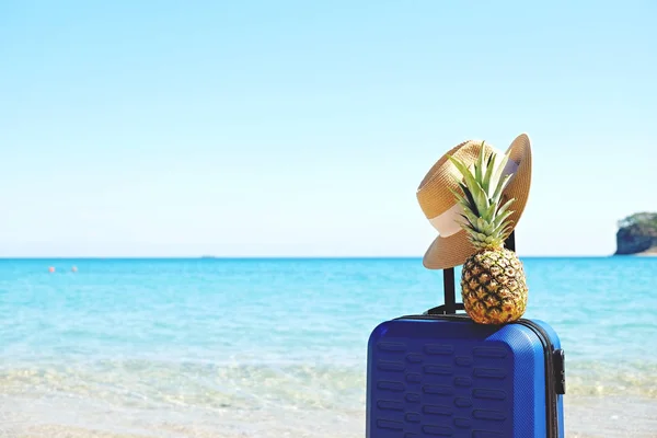 Pinapple en una maleta de plástico sobre el fondo de agua de mar . —  Fotos de Stock