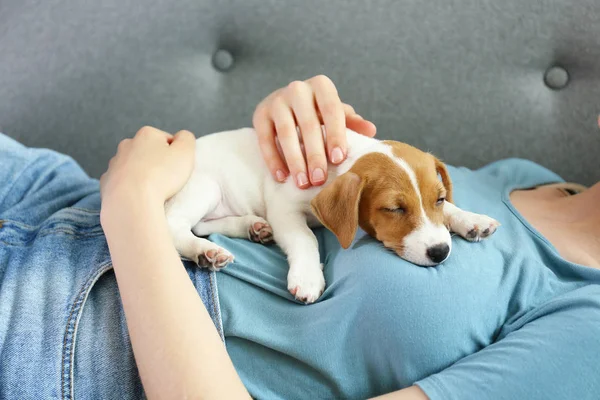 Jonge vrouw met haar Jack Russell Terriër puppy. — Stockfoto