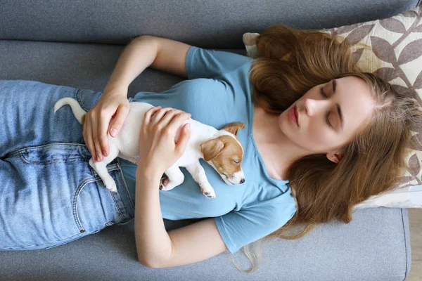 젊은 여자 와 그녀의 잭 러셀 테리어 강아지. — 스톡 사진