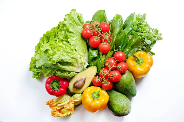 Clean healthy eating habits concept. Fruits, herbs, greens & vegetables mix, colorful juicy organic detox smoothie juice ingredients, white background. Vegan vegetarian diet food. Flat lay, copy space — Stock Photo, Image