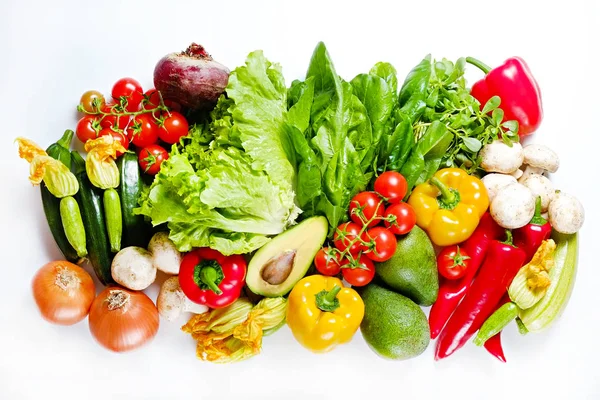 Clean healthy eating habits concept. Fruits, herbs, greens & vegetables mix, colorful juicy organic detox smoothie juice ingredients, white background. Vegan vegetarian diet food. Flat lay, copy space — Stock Photo, Image