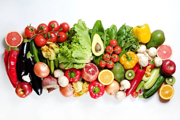 Clean healthy eating habits concept. Fruits, herbs, greens & vegetables mix, colorful juicy organic detox smoothie juice ingredients, white background. Vegan vegetarian diet food. Flat lay, copy space — Stock Photo, Image