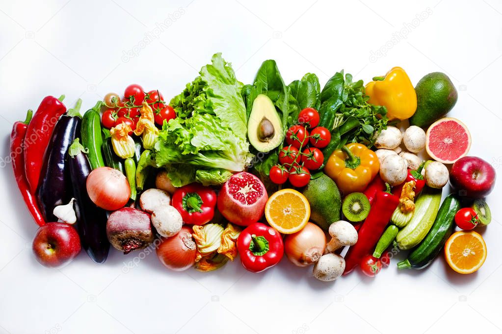 Clean healthy eating habits concept. Fruits, herbs, greens & vegetables mix, colorful juicy organic detox smoothie juice ingredients, white background. Vegan vegetarian diet food. Flat lay, copy space