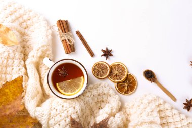 Dokulu arka plan üzerinde sonbahar sezonu sembolik ile Sonbahar üst görünüm kompozisyon.