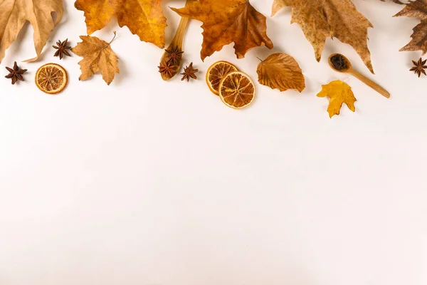 Dokulu arka plan üzerinde sonbahar sezonu sembolik ile Sonbahar üst görünüm kompozisyon. — Stok fotoğraf