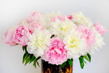 Cam vazoda leopar desenli şakayık resimleri, metin için bir sürü kopya alanı olan beyaz arka plan. Kadınsı çiçek kompozisyonu. Yaklaş, üstten bak, arkaplan, düz yat.