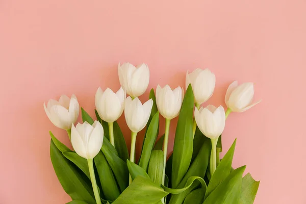 Friss Virág Összetétele Elrendezése Színű Tulipán Rózsaszín Papír Texturált Háttér — Stock Fotó
