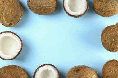 Hindistan cevizlerinin üst görüntüsü, kağıt üzerinde yarıya bölünmüş ve yarıya bölünmüş arka planda metin için bir sürü fotokopi alanı var. Tropik palmiye ağacının çiğ meyveleriyle dolu bir arka plan. Düz yatıyordu.