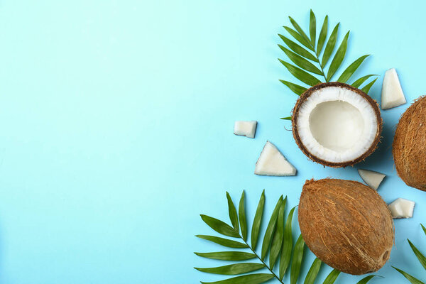 Top view shot of coconuts, whole and cracked on halves on paper textured background with a lot of copy space for text. Background with raw fruit of tropical palm. Flat lay.