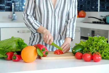 Mutfağında çeşitli meyve, sebze, şifalı ot ve sebze kesen tanınmayan bir kadın resmi var. Profesyonel aşçı malzemeleri dilimliyor. Vegan gıda konsepti. Kapat, kopyala boşluk, arkaplan.