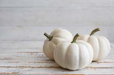 Homurdanmış ahşap dokular üzerinde iki dekoratif balkabağı yakın çekim arka plan parlak bir simge olarak sonbahar tatillerinde metin için bir sürü kopya alanı ile.