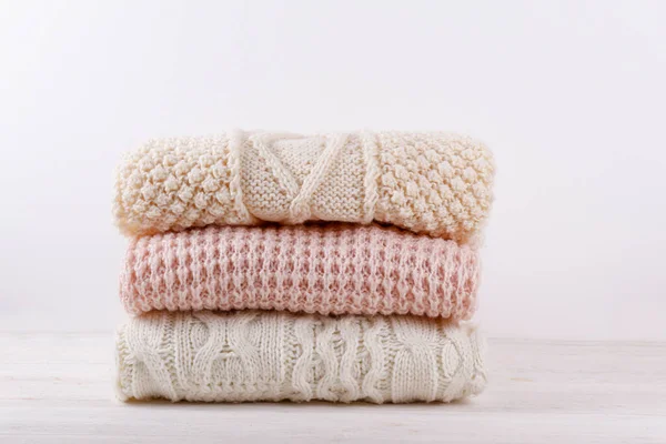 Bunch Knitted Warm Pastel Color Sweaters Different Knitting Patterns Folded — Stock Photo, Image