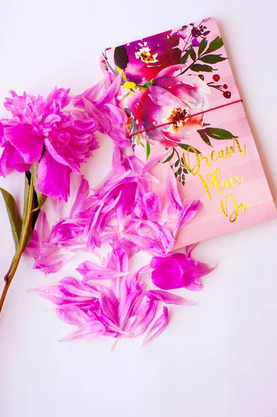 Notebook with the image of peonies, flower and peony petals on a white background. Dream plan do.