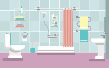 Düz tarzında duşlu banyo iç. Vektör çizim.