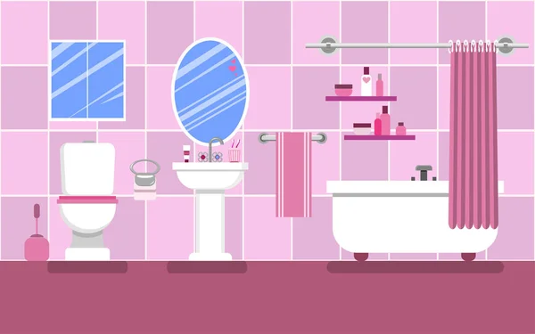 Intérieur de la salle de bain pour une fille glamour aux couleurs roses . — Image vectorielle