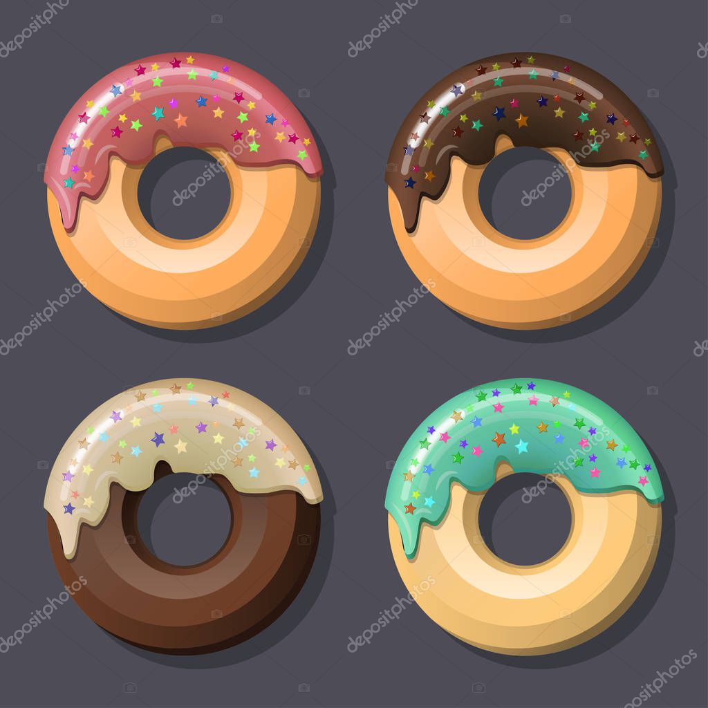 Set of four pink glazed donuts with icing and sprinkles. Coloured line art drawing. Vector graphics illustration. Editable vector shapes.