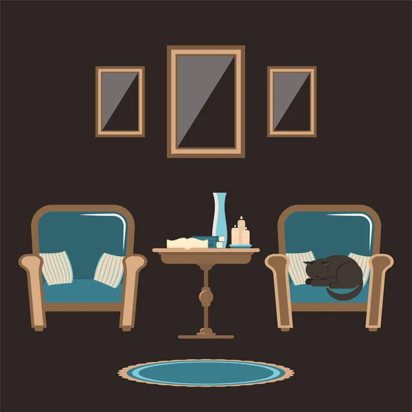 Intérieur Salon Avec Deux Chaises Chat Endormi Une Petite Table — Image vectorielle