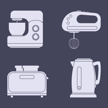 ev mutfak aletleri ekmek kızartma makinesi, blender, mikser, elektrikli su ısıtıcısı simgeler kümesi.