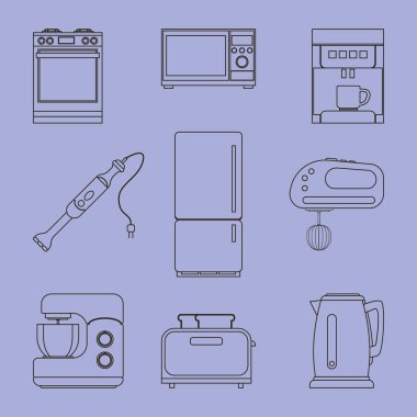 simgeleri ev mutfak aletleri bir dizi. Açık mor renkli doğrusal bir stil ikonları.