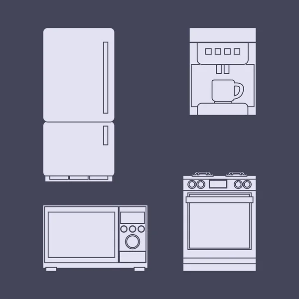 家庭用のキッチン家電の冷蔵庫、コンロ、電子レンジ、コーヒー メーカーのアイコンのセット. — ストックベクタ