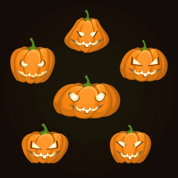 Conjunto de seis calabazas de diferentes formas para Halloween con diferentes emociones sobre un fondo oscuro. Brillan desde el interior . — Vector de stock