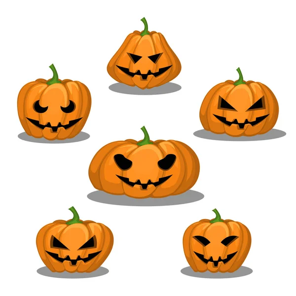 Set of six pumpkins of different shapes for Halloween with different emotions on a white background. — Stock Vector