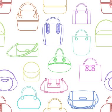 Çeşitli moda kadınlar s çanta farklı renkteki desen. Doğrusal tarzı. Vektör çizim.