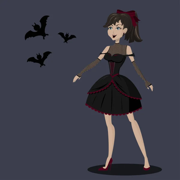 A denevérek, fekete gothic öltöztetős a csinos lány. Halloween party. — Stock Vector