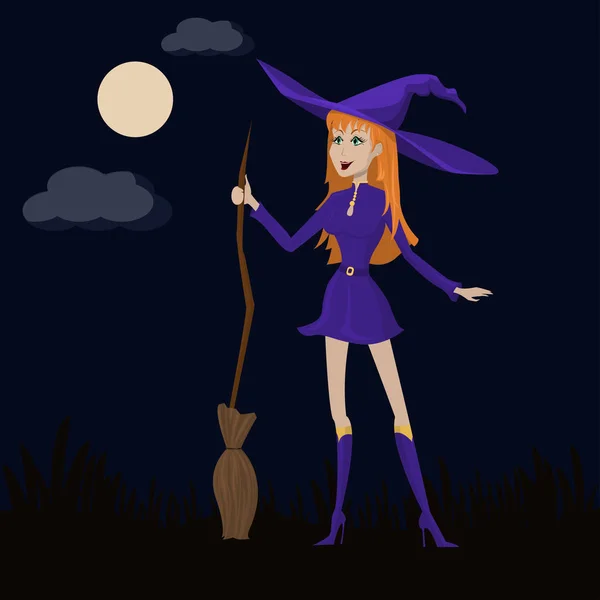 Cute witch with red hair in a purple dress and a hat with a broom. — Stock Vector