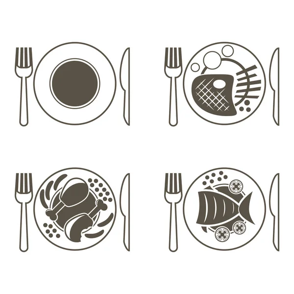 Σετ εικονιδίων κύρια σειρά μαθημάτων για ένα εστιατόριο. Κρέας, κοτόπουλο, ψάρια, άδειο πιάτο. — Διανυσματικό Αρχείο