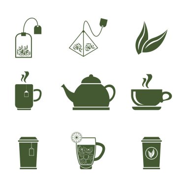 Beyaz zemin üzerine yeşil çay Icons Set.